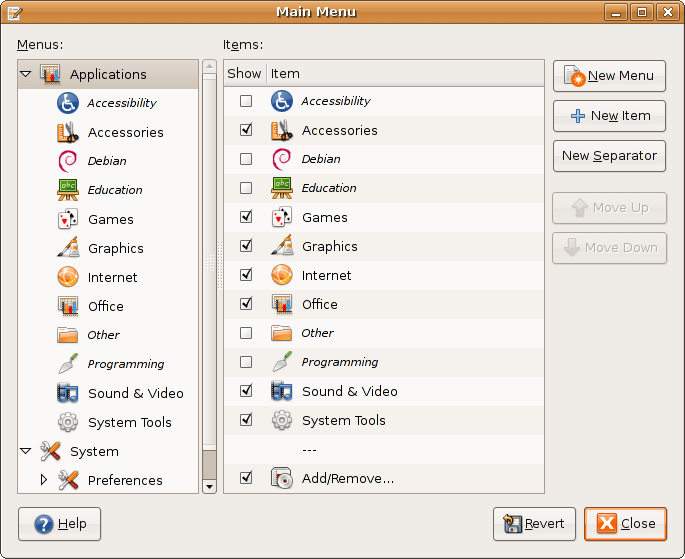 Редактирование главного меню в Ubuntu 12.04 (скриншот)