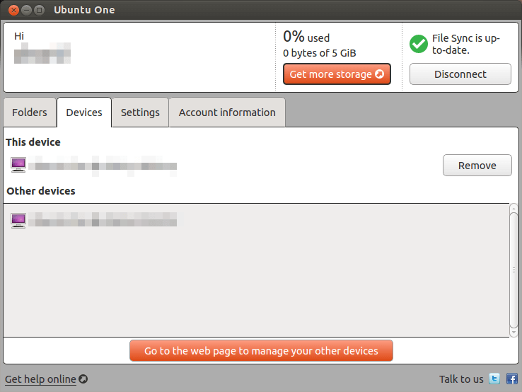 Настройка Ubuntu One - добавление и удаление устройств
