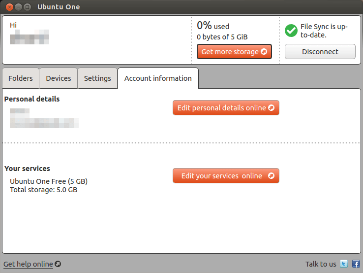 Информация об аккаунте в Ubuntu One
